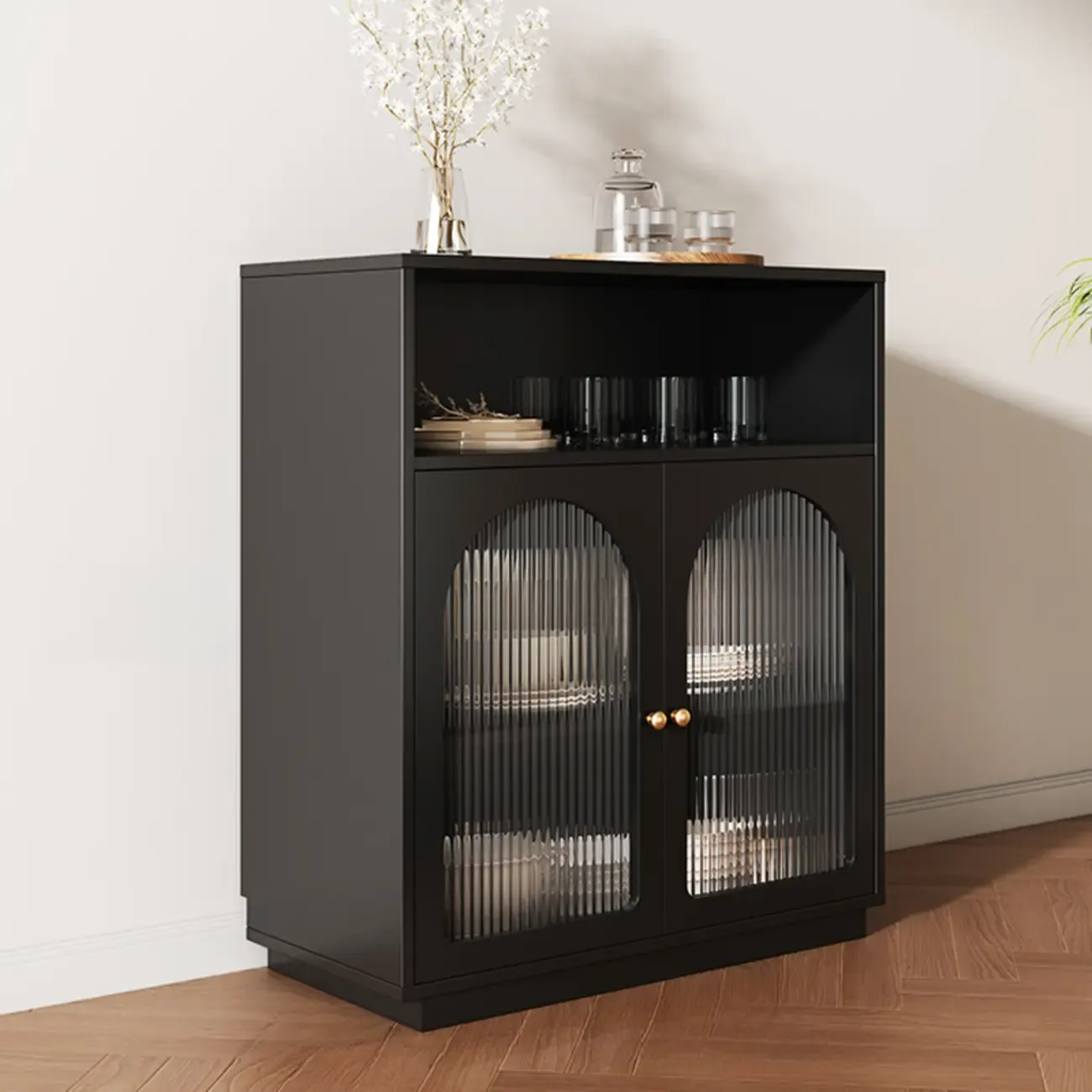 Midnight Black Lumber Sideboard with Glass Doors Image - 4