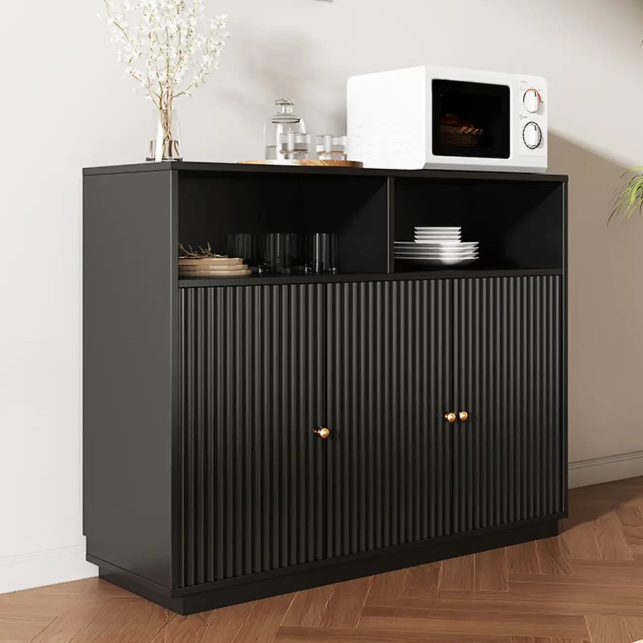 Midnight Black Lumber Sideboard with Glass Doors Image - 9