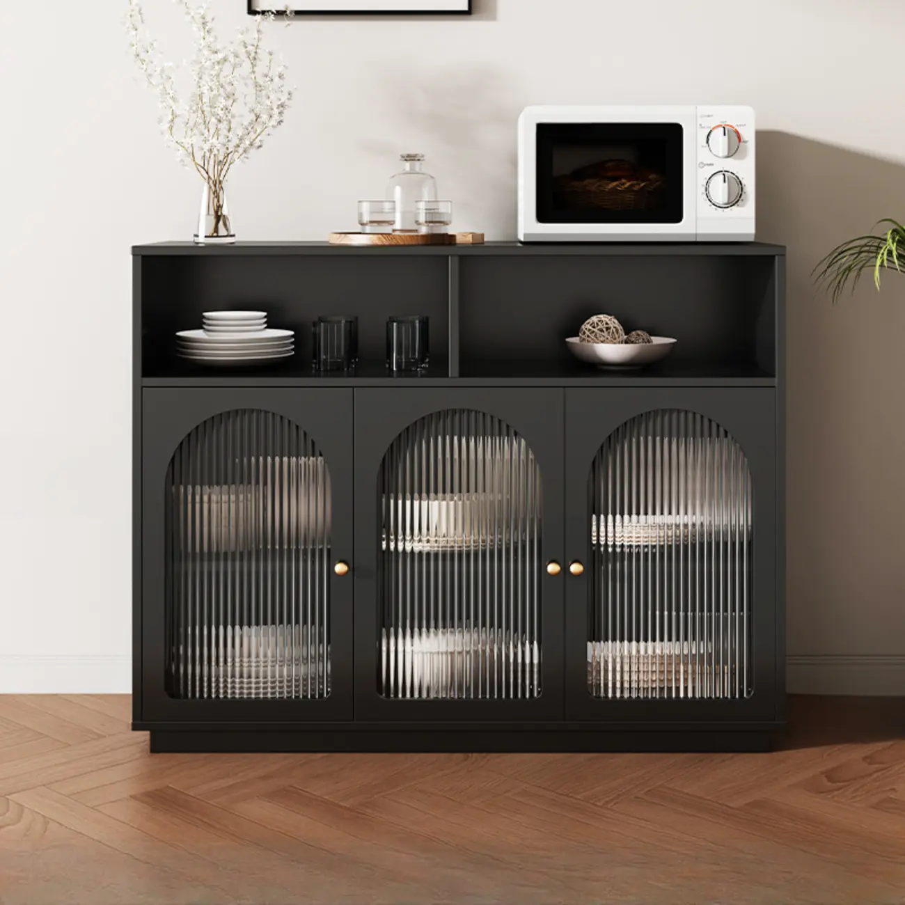 Midnight Black Lumber Sideboard with Glass Doors Image - 2 | homeyfad