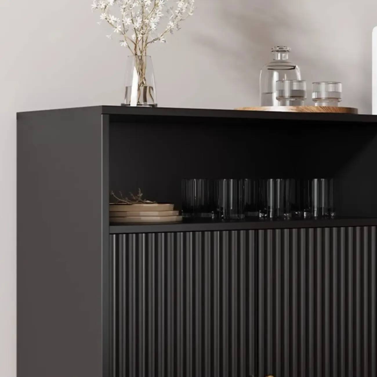 Midnight Black Lumber Sideboard with Glass Doors Image - 12