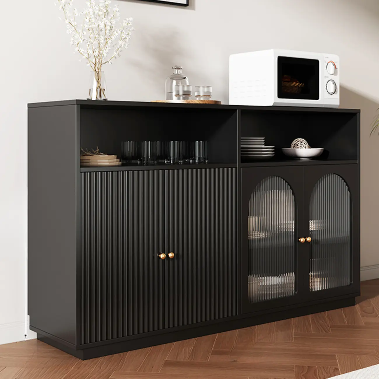 Midnight Black Lumber Sideboard with Glass Doors Image - 5 | homeyfad