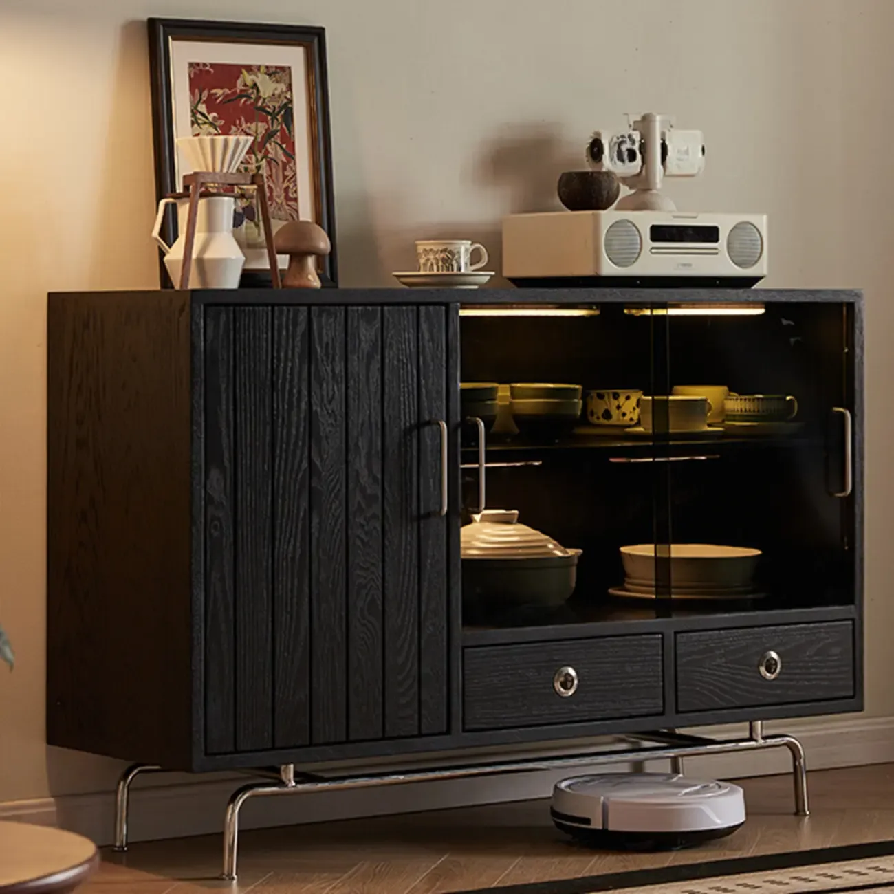 Modern Black Lumber Storage Sideboard with Drawers Image - 2