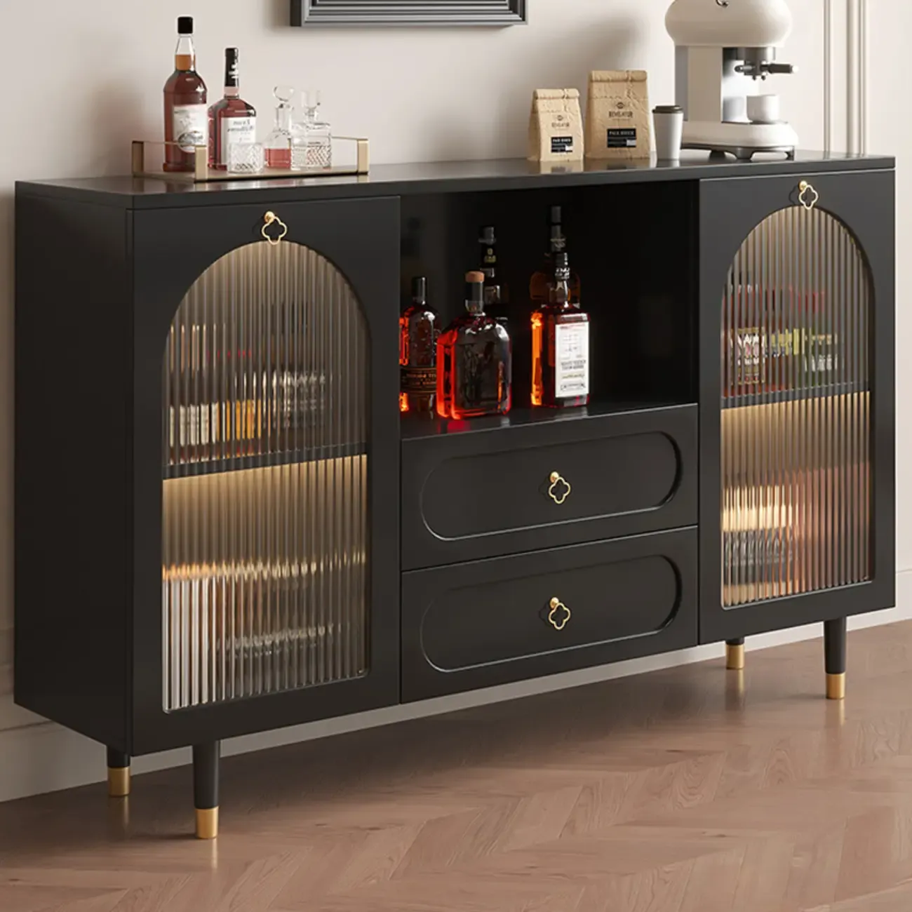 Glam Black Engineered Wood Sideboard with Drawers Image - 3