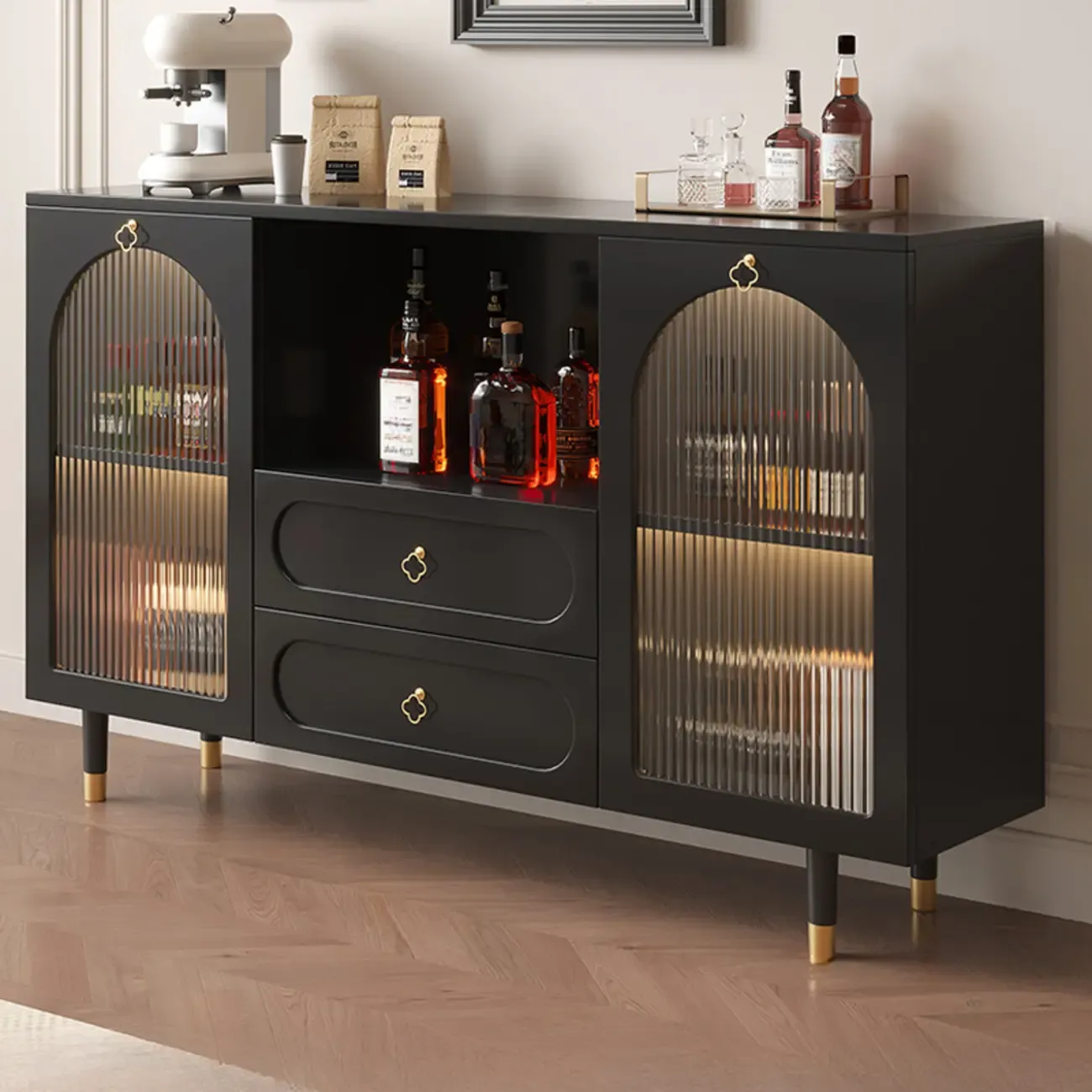 Glam Black Engineered Wood Sideboard with Drawers Image - 6
