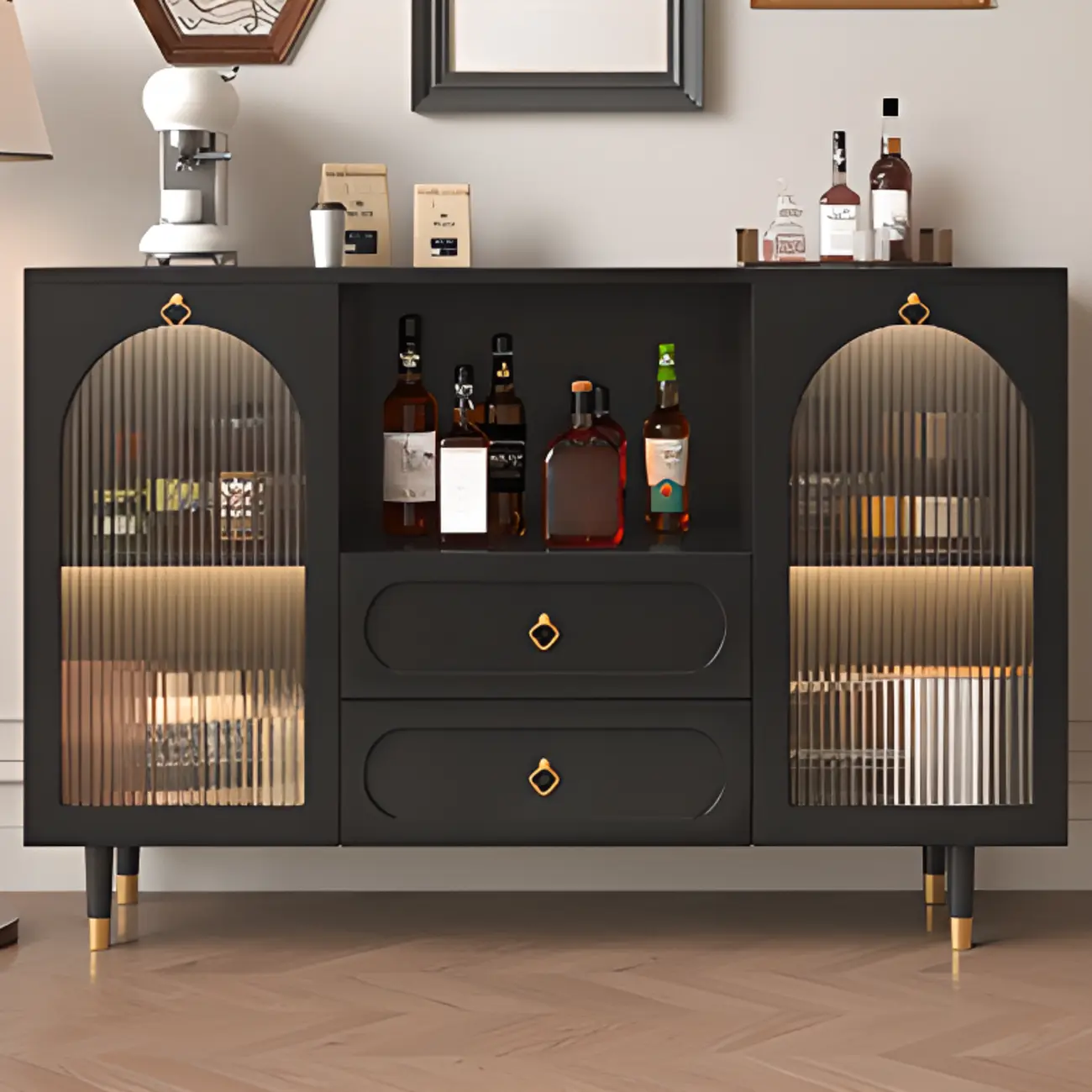 Glam Black Engineered Wood Sideboard with Drawers Image - 1 | homeyfad