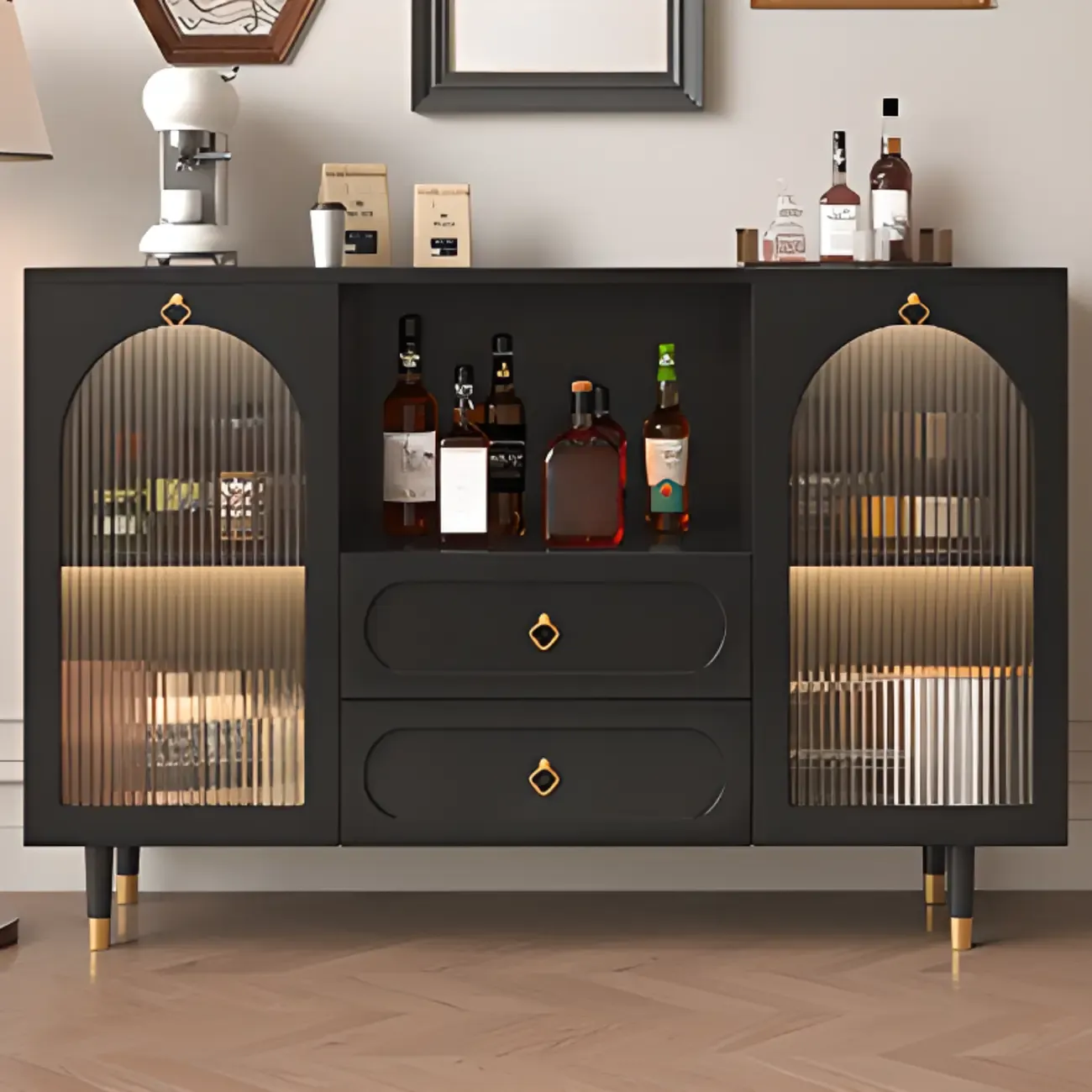 Glam Black Engineered Wood Sideboard with Drawers Image - 1