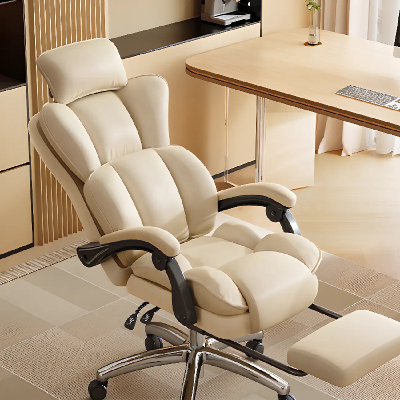 Modern Khaki Leather Adjustable Reclining Office Chair Image - 1 | homeyfad