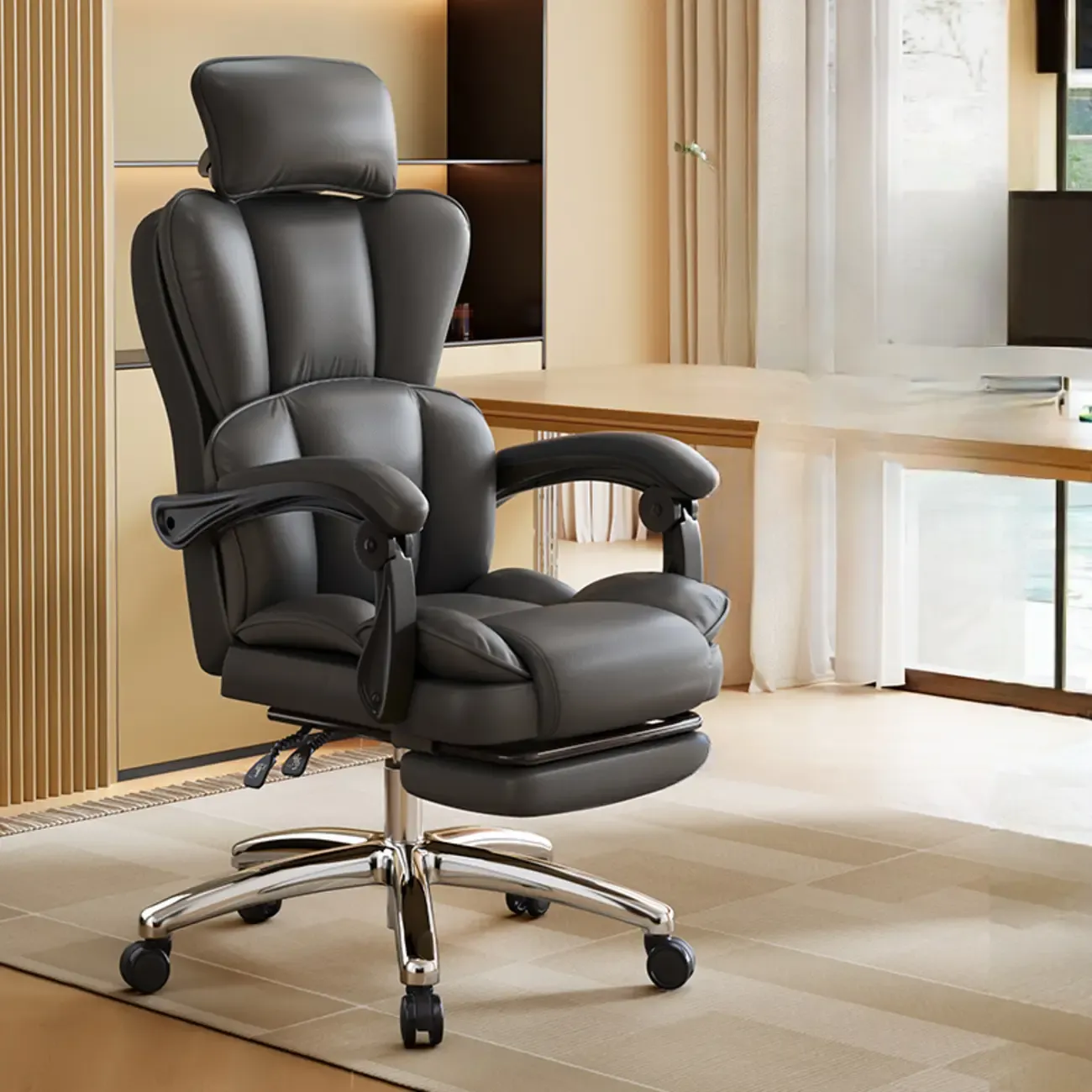 Modern Khaki Leather Adjustable Reclining Office Chair Image - 2
