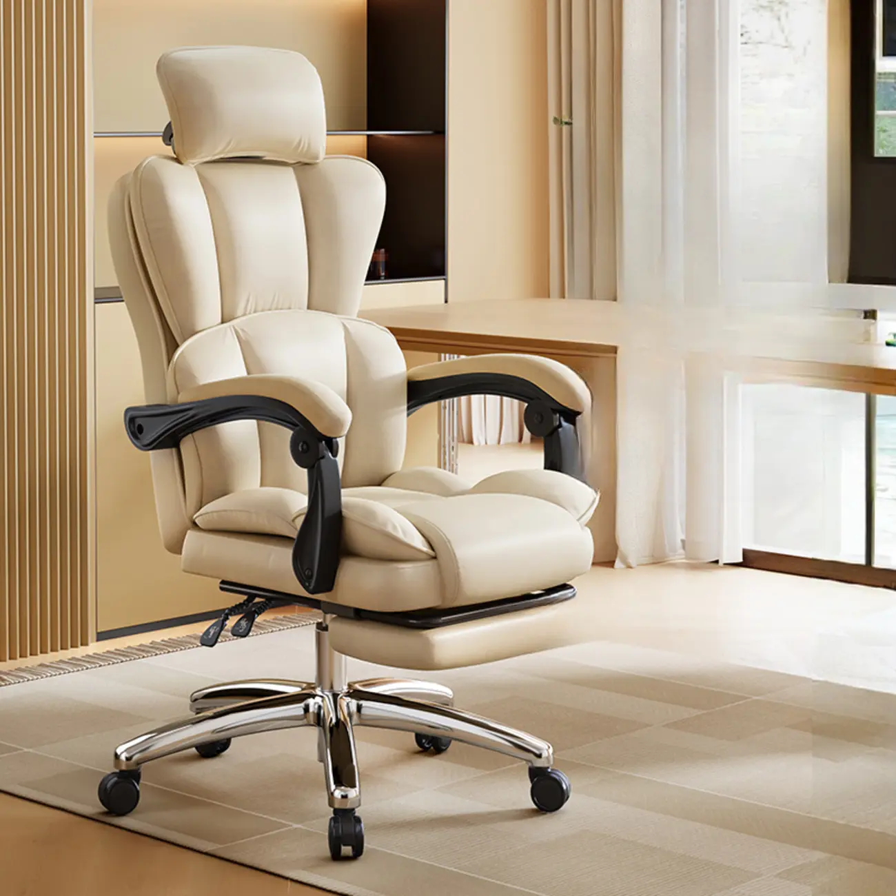 Modern Khaki Leather Adjustable Reclining Office Chair Image - 3 | homeyfad