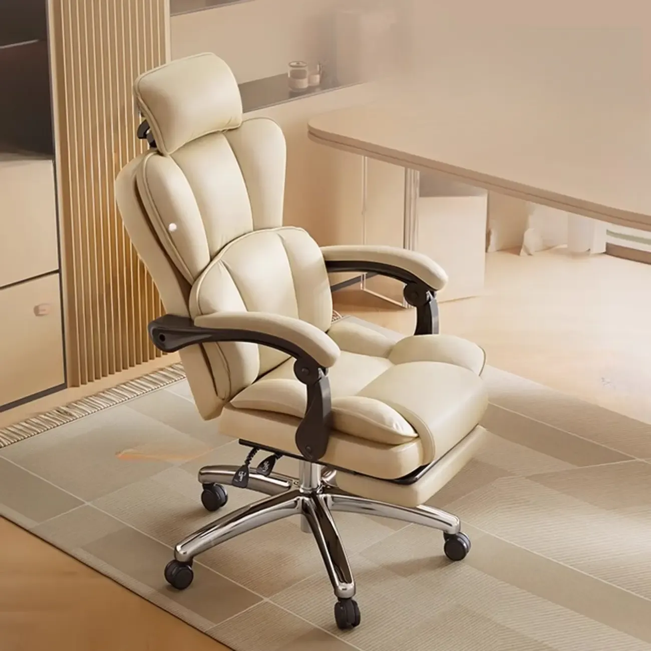 Modern Khaki Leather Adjustable Reclining Office Chair Image - 4