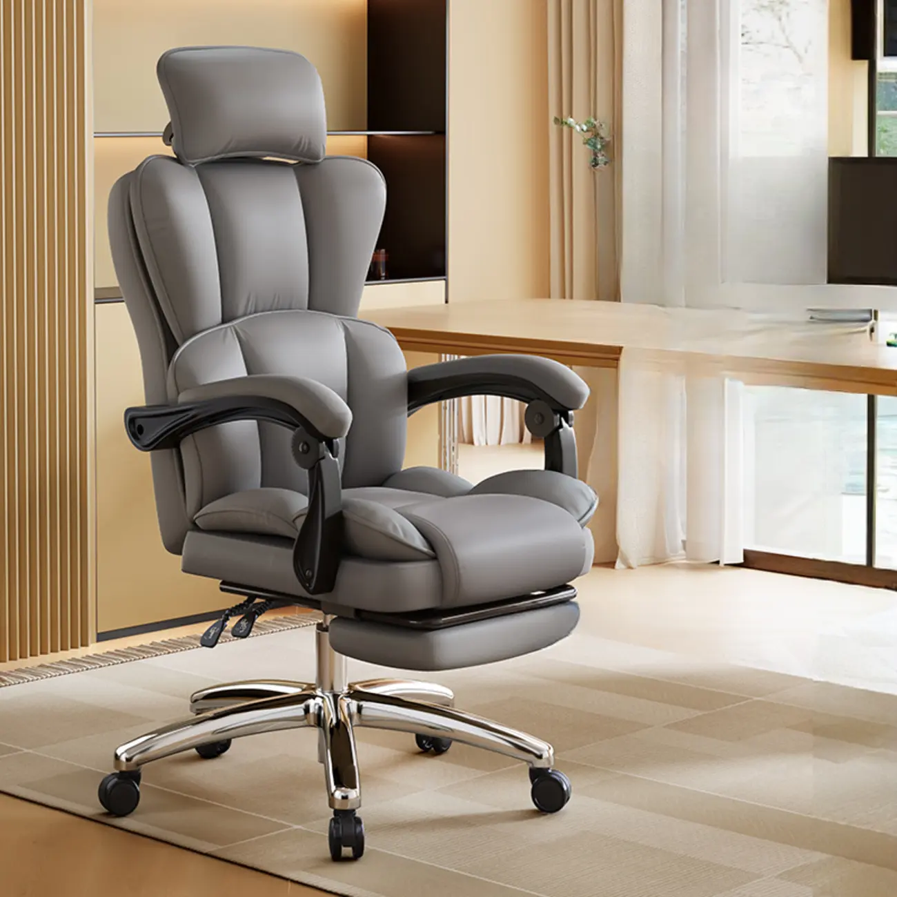 Modern Khaki Leather Adjustable Reclining Office Chair Image - 5 | homeyfad