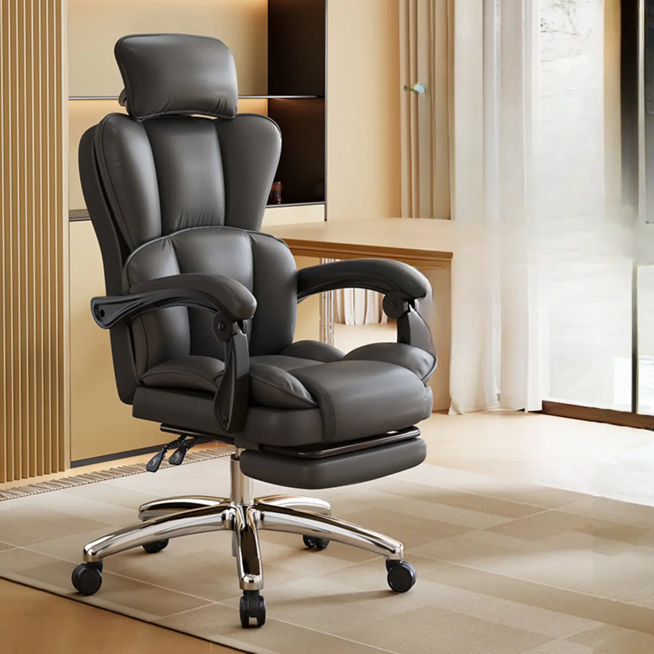 Modern Khaki Leather Adjustable Reclining Office Chair Image - 7 | homeyfad