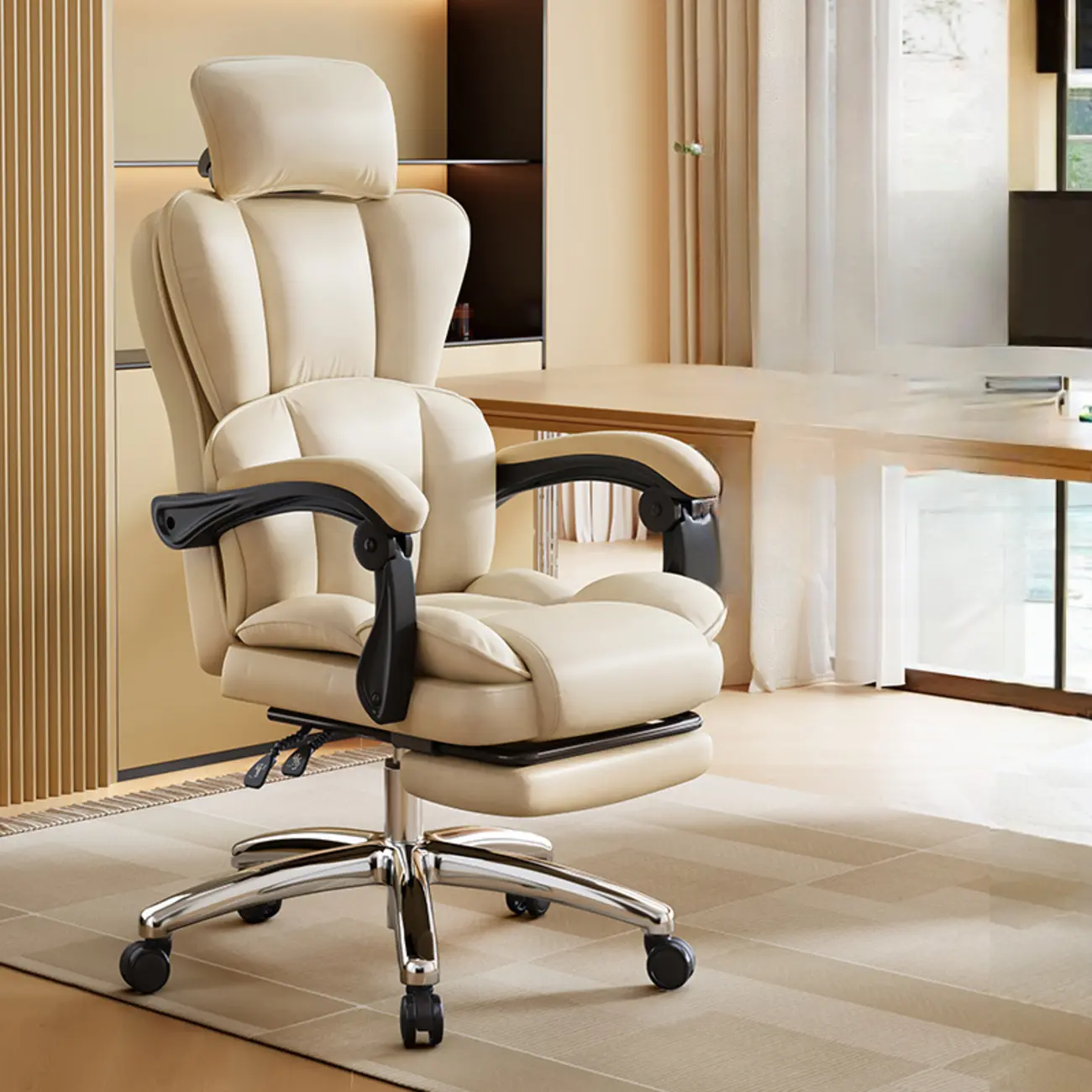 Modern Khaki Leather Adjustable Reclining Office Chair Image - 9 | homeyfad