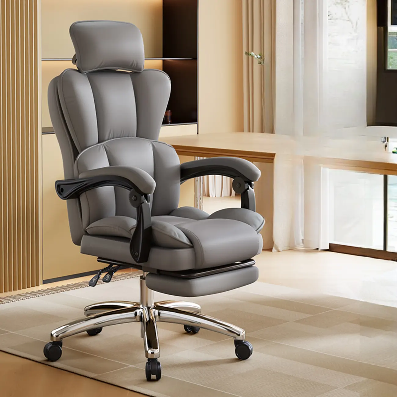 Modern Khaki Leather Adjustable Reclining Office Chair Image - 11 | homeyfad