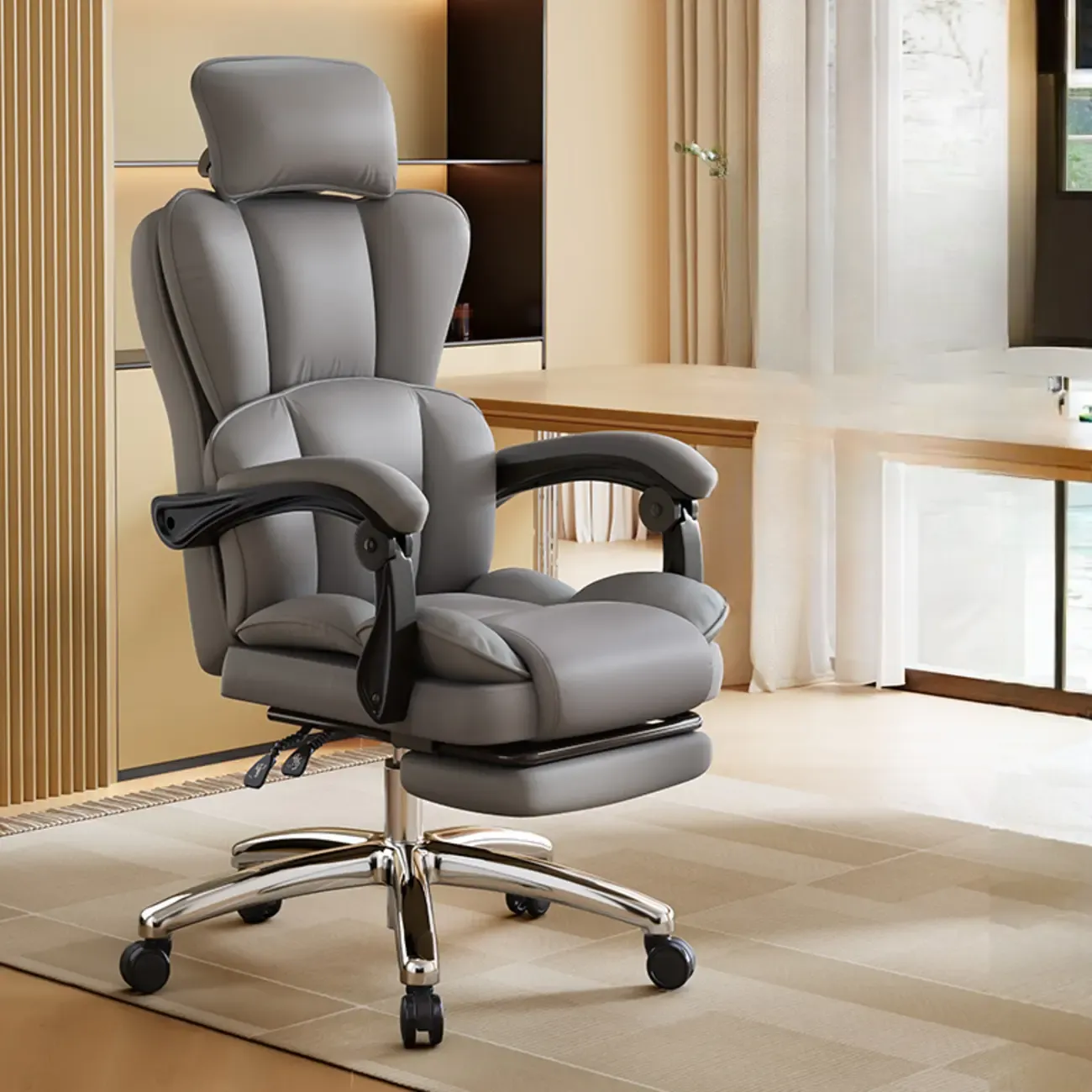 Modern Khaki Leather Adjustable Reclining Office Chair Image - 11