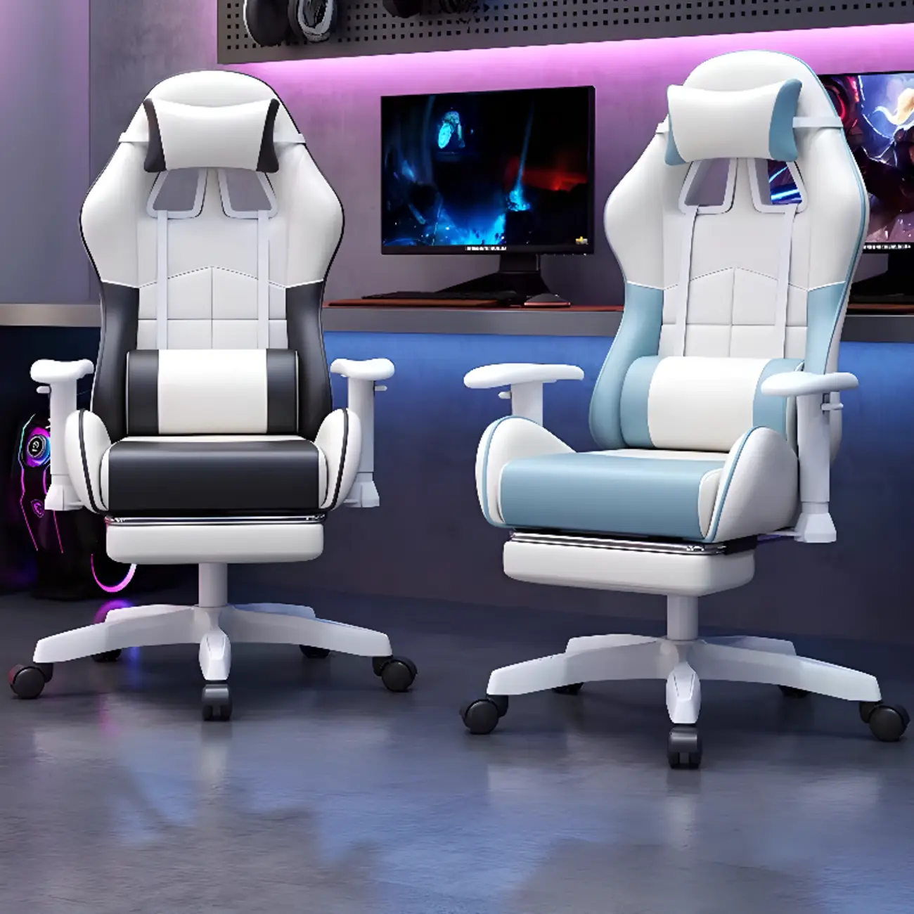Blue Adjustable Leather High-Back Swivel Game Office Chair Image - 2 | homeyfad