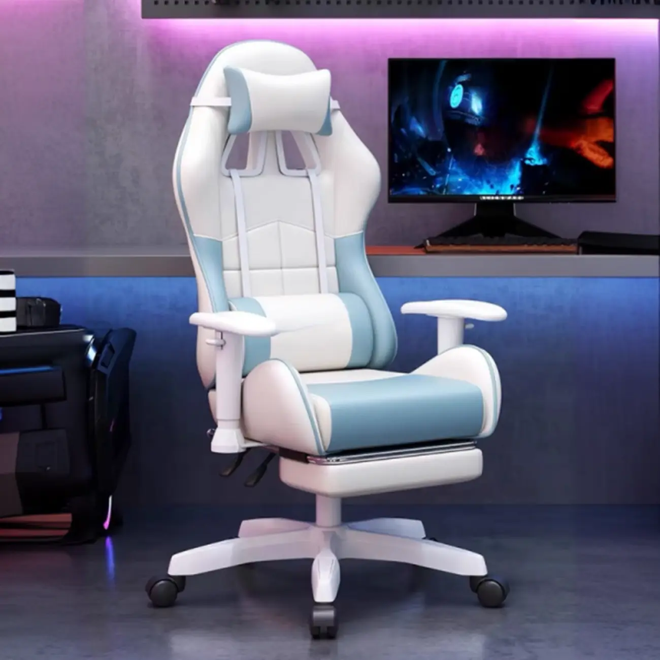 Blue Adjustable Leather High-Back Swivel Game Office Chair Image - 1 | homeyfad