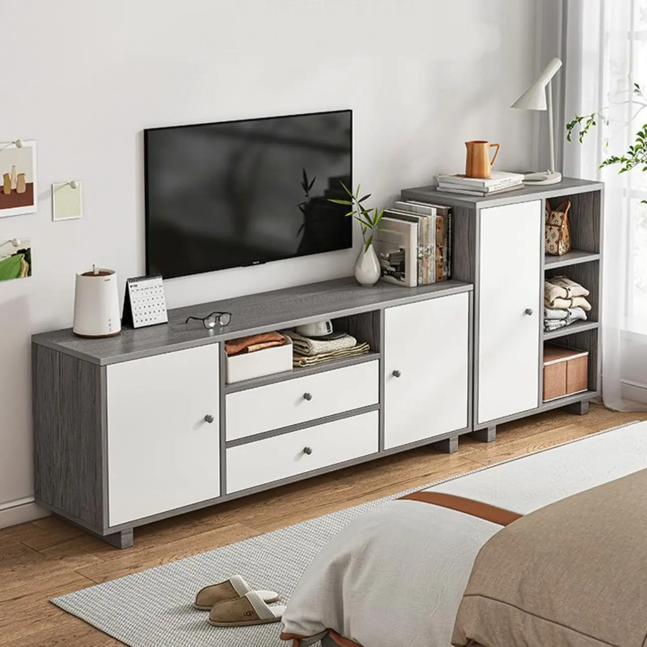 Modern Grey Wooden TV Stand with Drawers & Open Storage Image - 1 | homeyfad