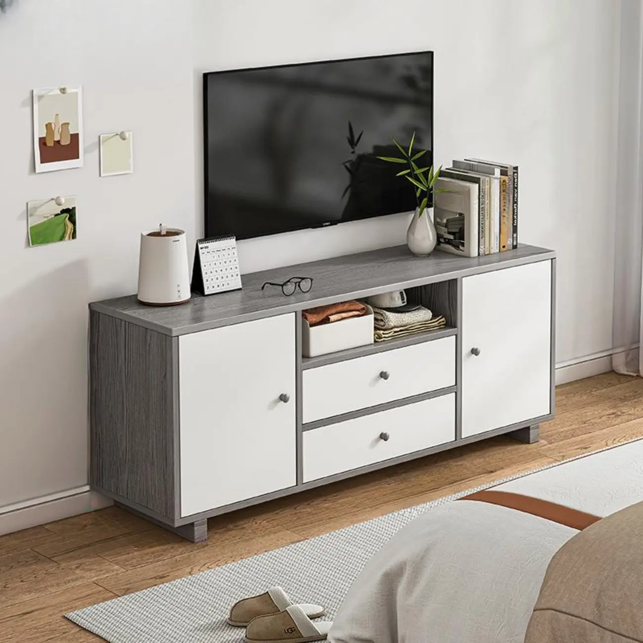 Modern Grey Wooden TV Stand with Drawers & Open Storage Image - 2 | homeyfad