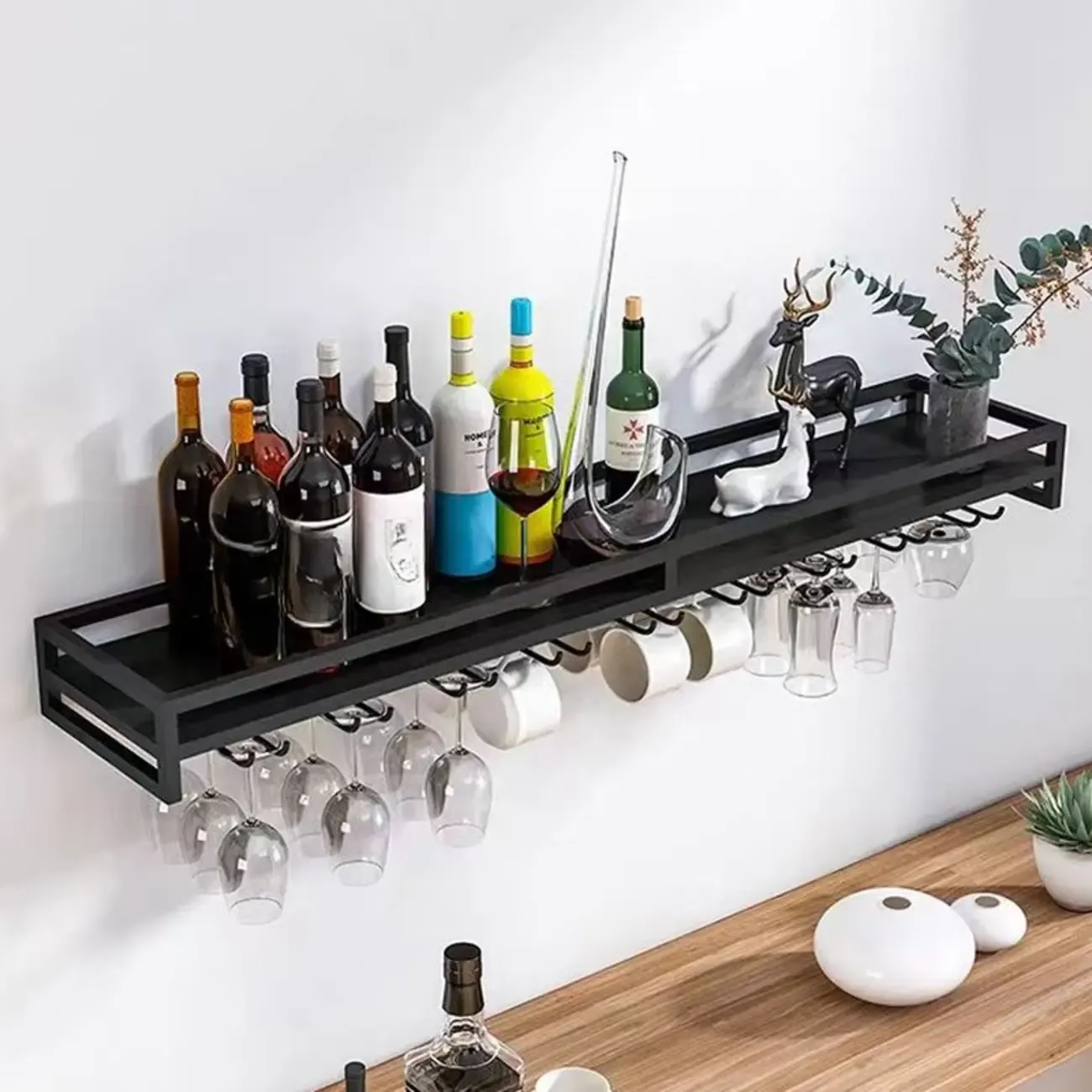 Black Wall Mounted Metal Wine Shelf with Glass Hangers | HomeyFad