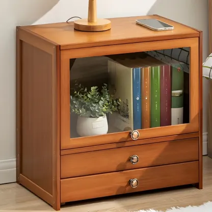 Traditional Wood 2-Drawer Glass Door Nightstand Brown Image - 1