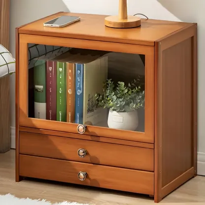 Traditional Wood 2-Drawer Glass Door Nightstand Brown Image - 3