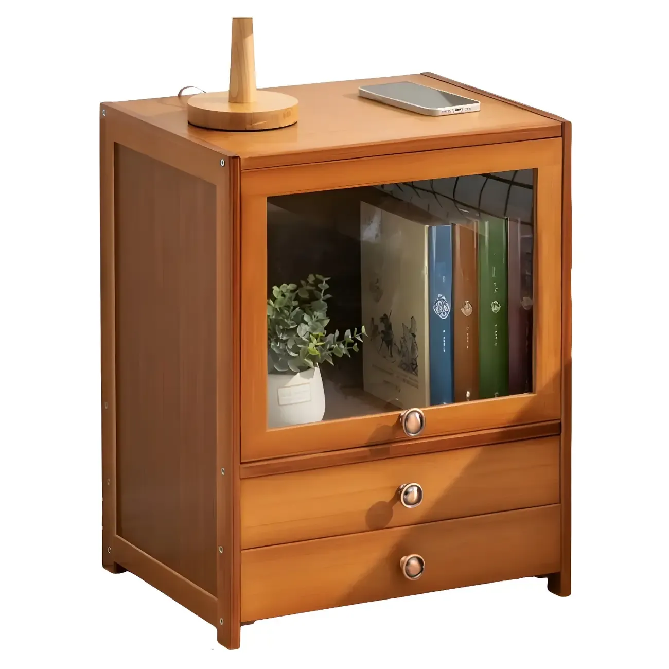 Traditional Wood 2-Drawer Glass Door Nightstand Brown Image - 6