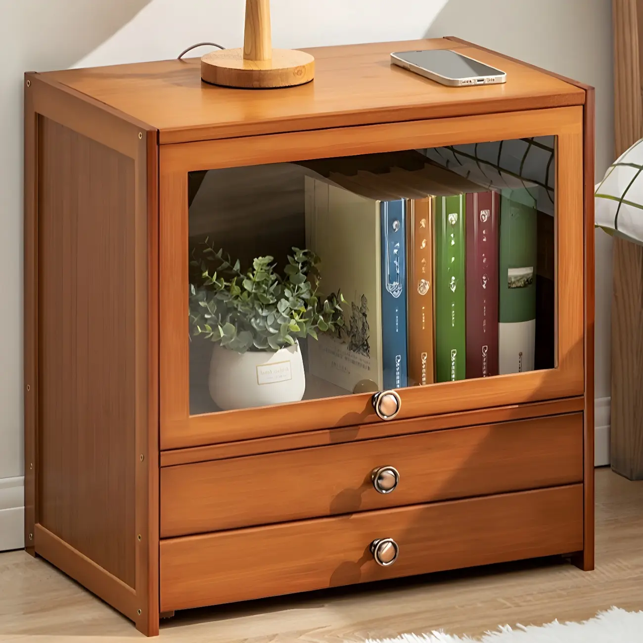 Traditional Wood 2-Drawer Glass Door Nightstand Brown Image - 7 | homeyfad