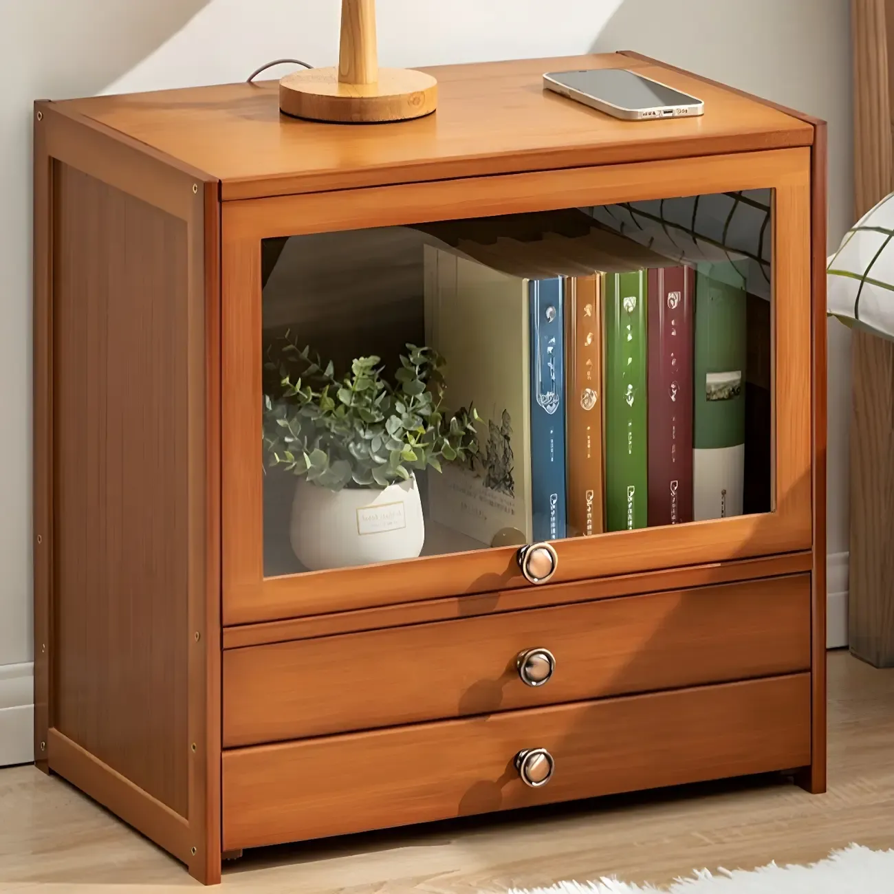 Traditional Wood 2-Drawer Glass Door Nightstand Brown Image - 7
