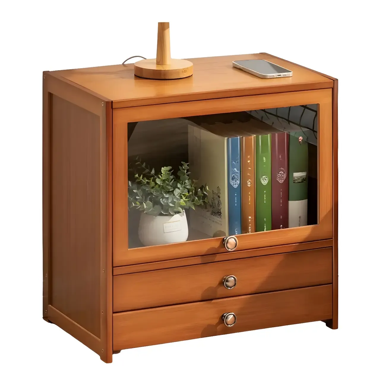 Traditional Wood 2-Drawer Glass Door Nightstand Brown Image - 8
