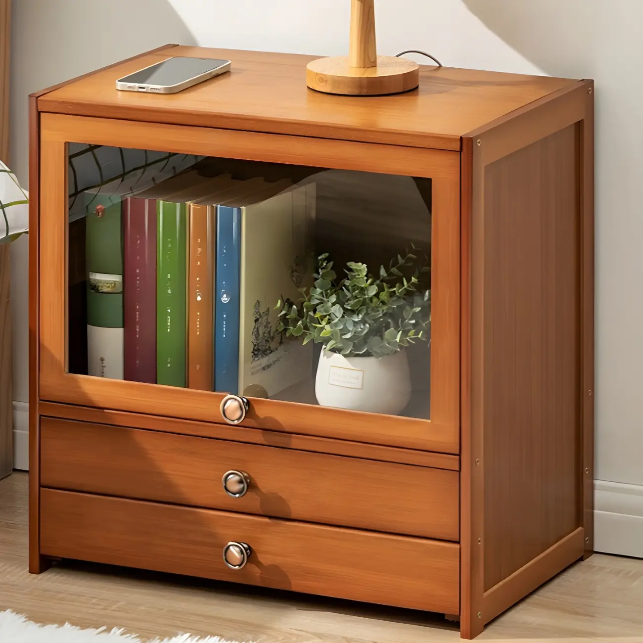 Traditional Wood 2-Drawer Glass Door Nightstand Brown Image - 2 | homeyfad