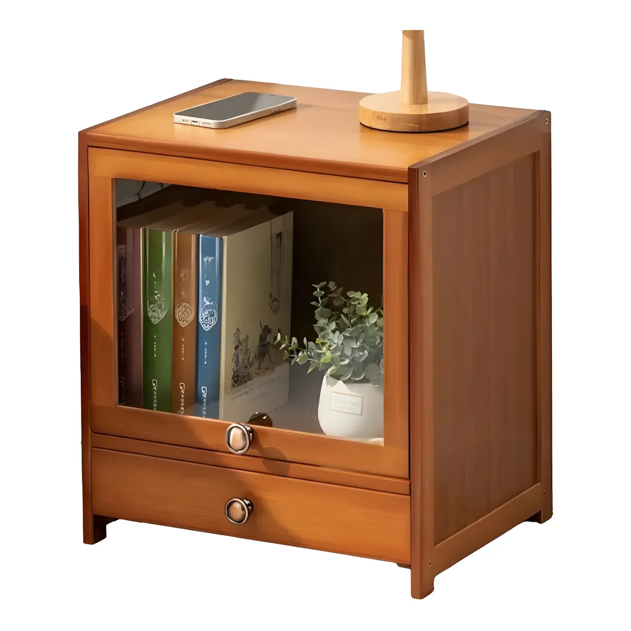 Traditional Wood 2-Drawer Glass Door Nightstand Brown Image - 9 | homeyfad