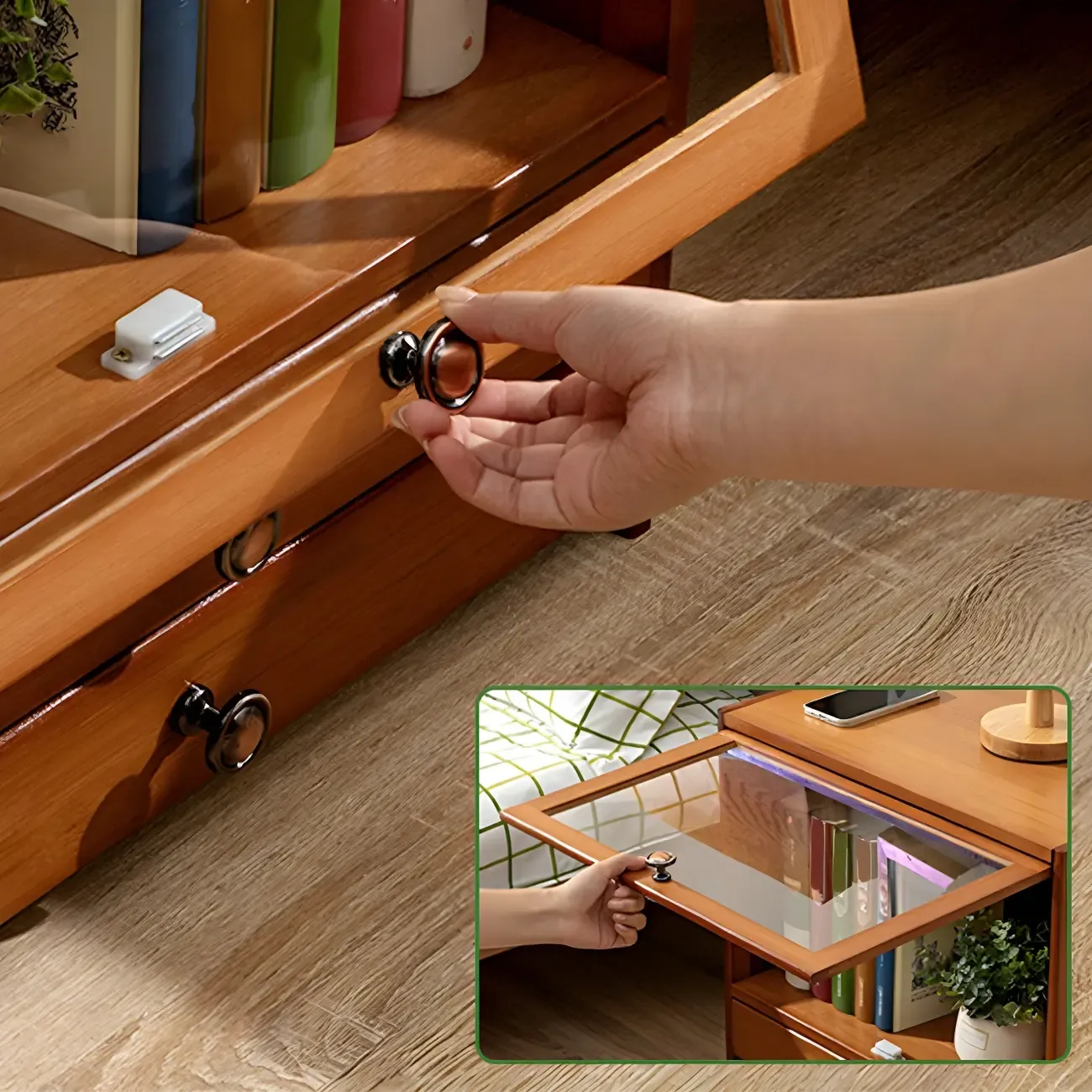 Traditional Wood 2-Drawer Glass Door Nightstand Brown Image - 10