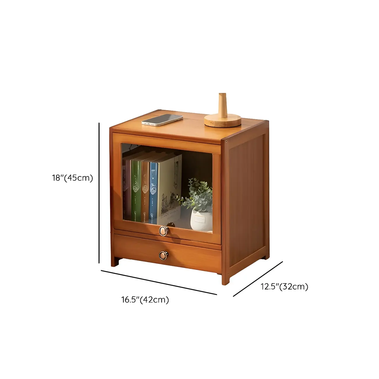 Traditional Wood 2-Drawer Glass Door Nightstand Brown #size