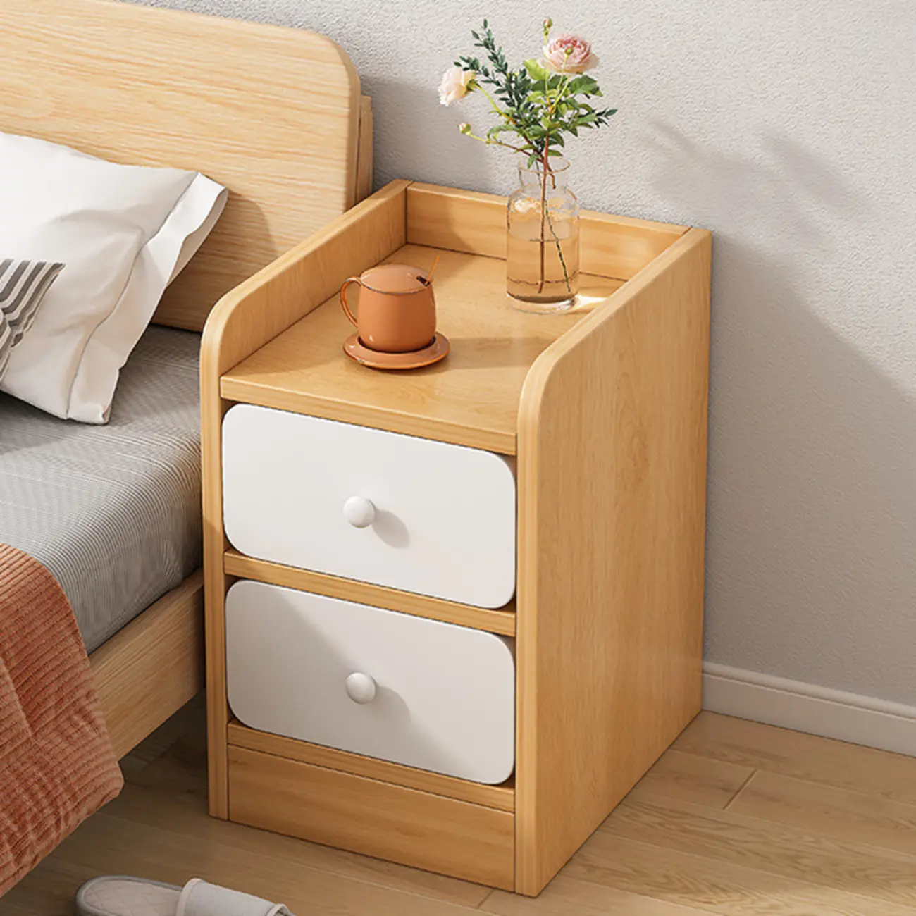 Simple White Natural Wood 2-Drawer Nightstand Image - 1 | homeyfad