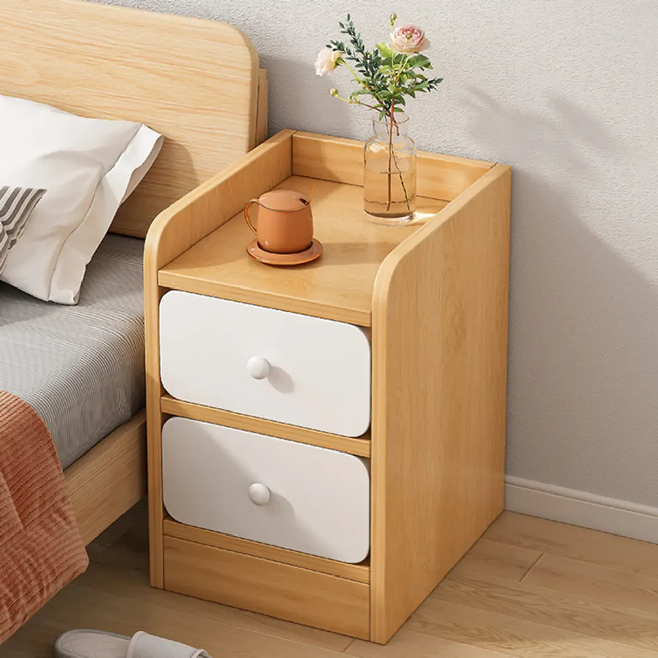 Simple White Natural Wood 2-Drawer Nightstand Image - 1