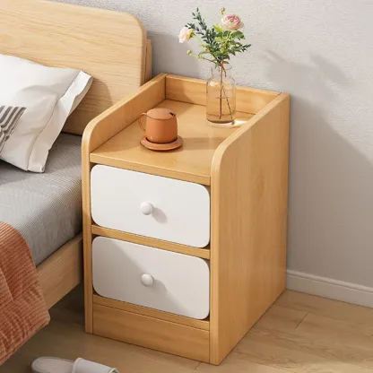 Simple White Natural Wood 2-Drawer Nightstand Image - 1