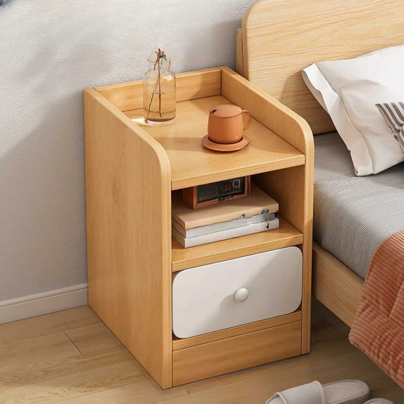 Simple White Natural Wood 2-Drawer Nightstand Image - 3