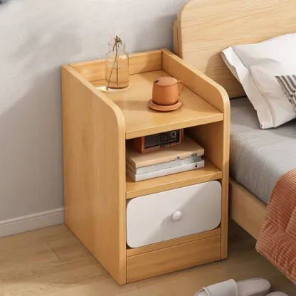 Simple White Natural Wood 2-Drawer Nightstand Image - 3