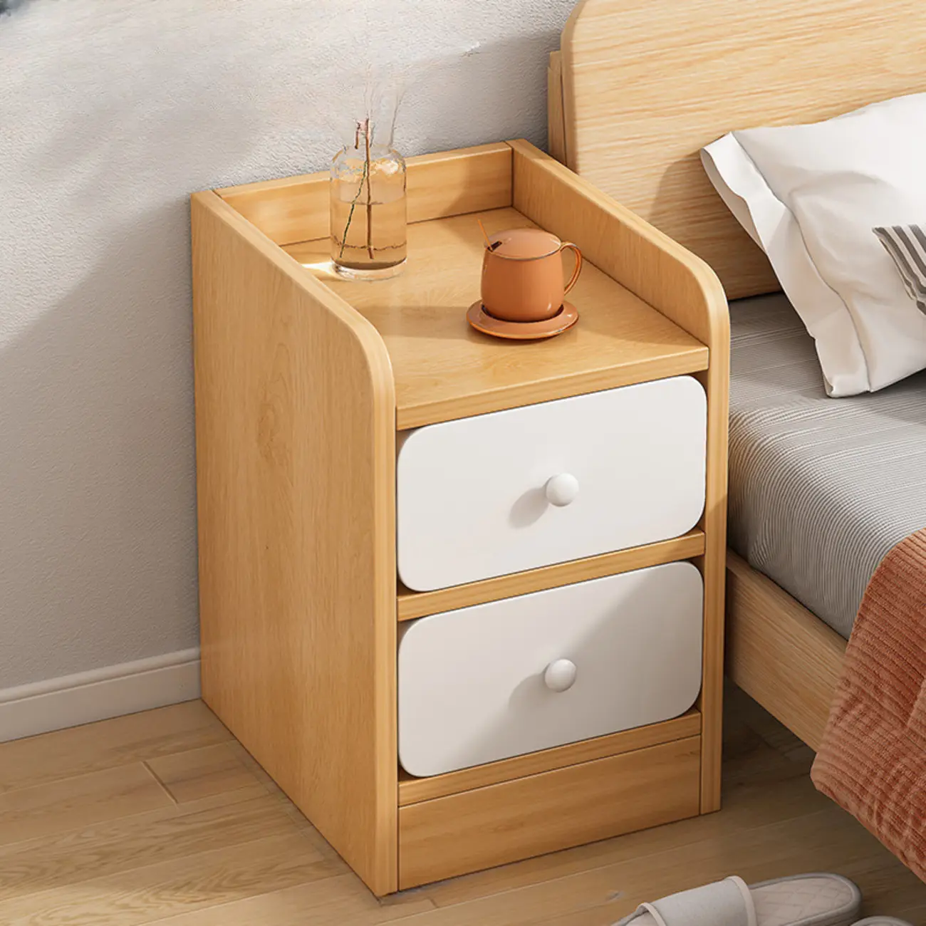 Simple White Natural Wood 2-Drawer Nightstand Image - 4 | homeyfad