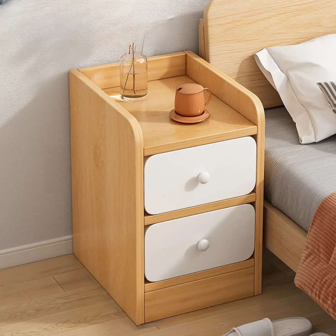 Simple White Natural Wood 2-Drawer Nightstand Image - 4
