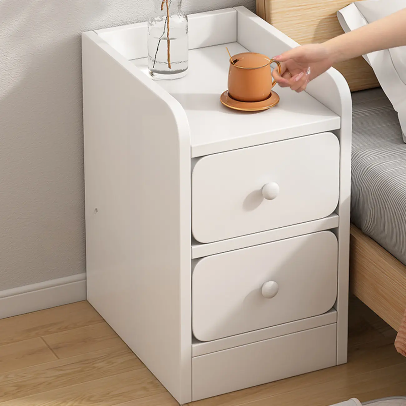 Simple White Natural Wood 2-Drawer Nightstand Image - 9 | homeyfad