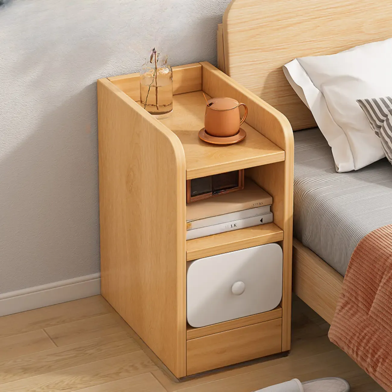 Simple White Natural Wood 2-Drawer Nightstand Image - 16