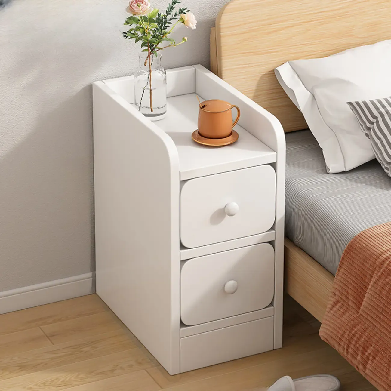 Simple White Natural Wood 2-Drawer Nightstand Image - 17