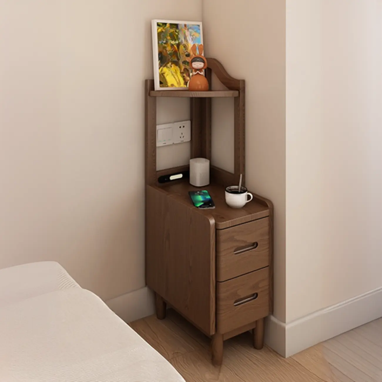 Tall Wooden Open Storage Narrow Nightstand with Drawers | homeyfad