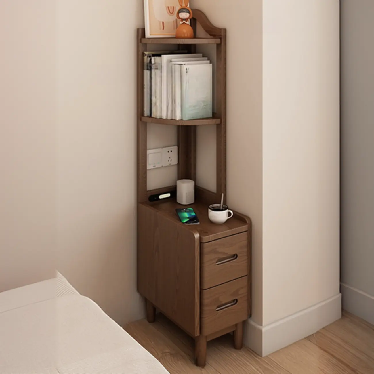 Tall Wooden Open Storage Narrow Nightstand with Drawers | homeyfad