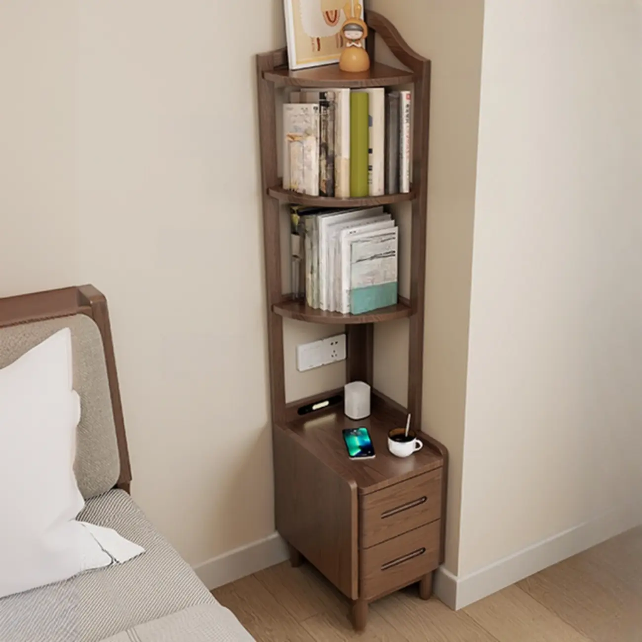 Tall Wooden Open Storage Narrow Nightstand with Drawers | homeyfad