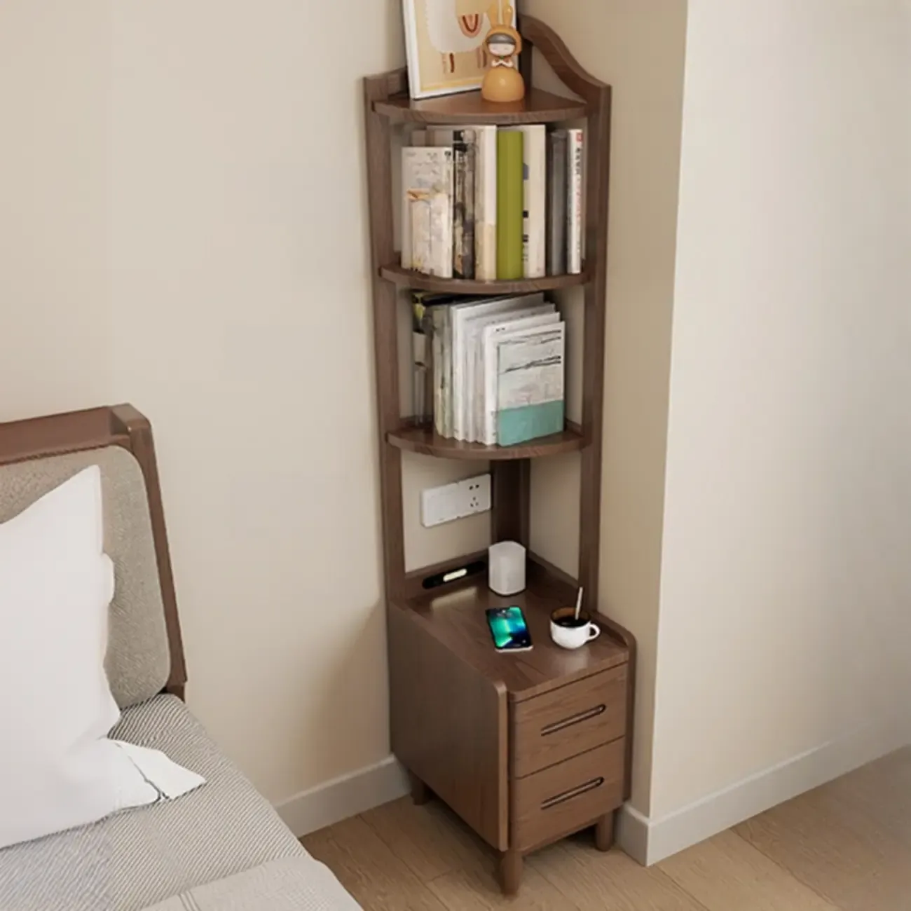 Tall Wooden Open Storage Narrow Nightstand with Drawers