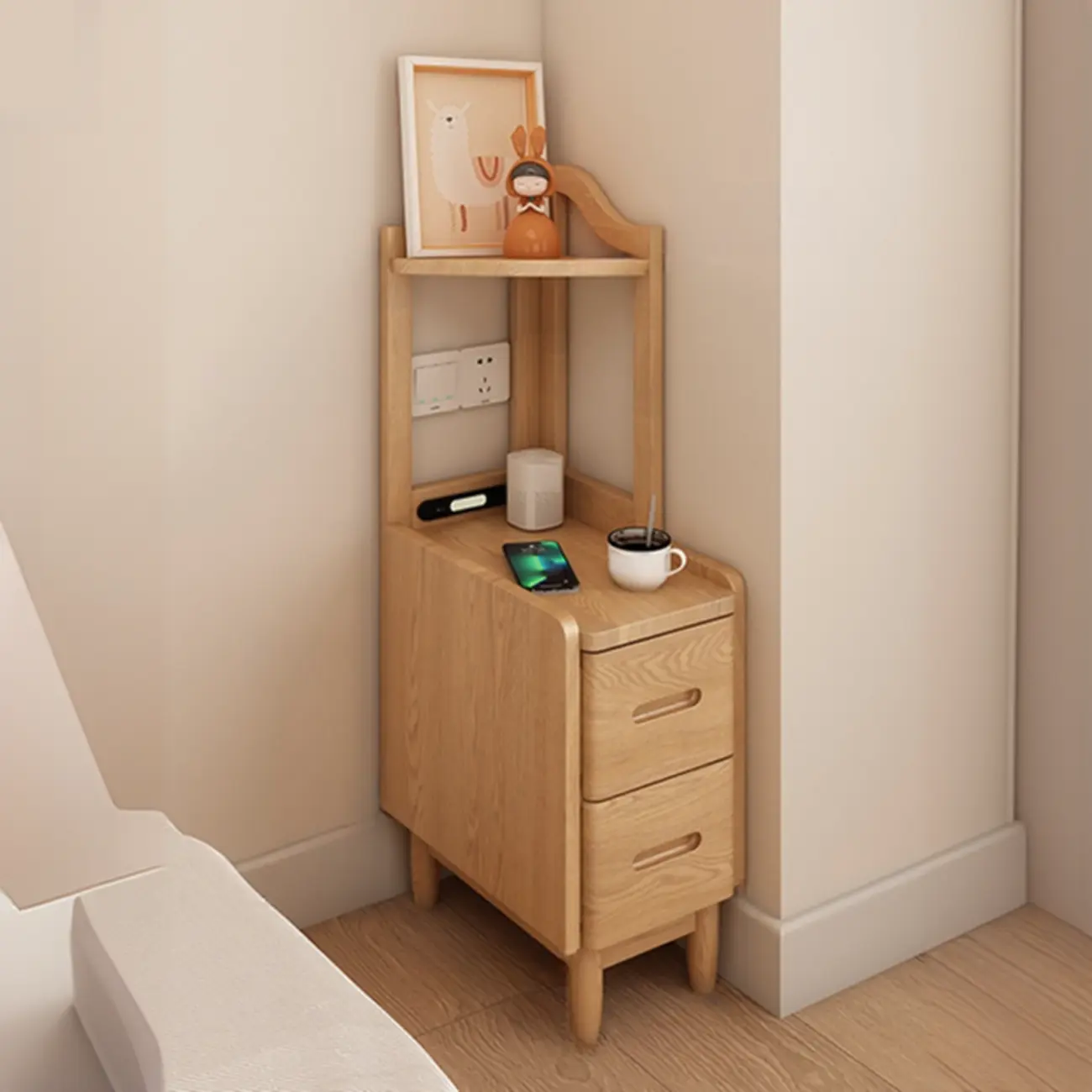 Tall Wooden Open Storage Narrow Nightstand with Drawers | homeyfad
