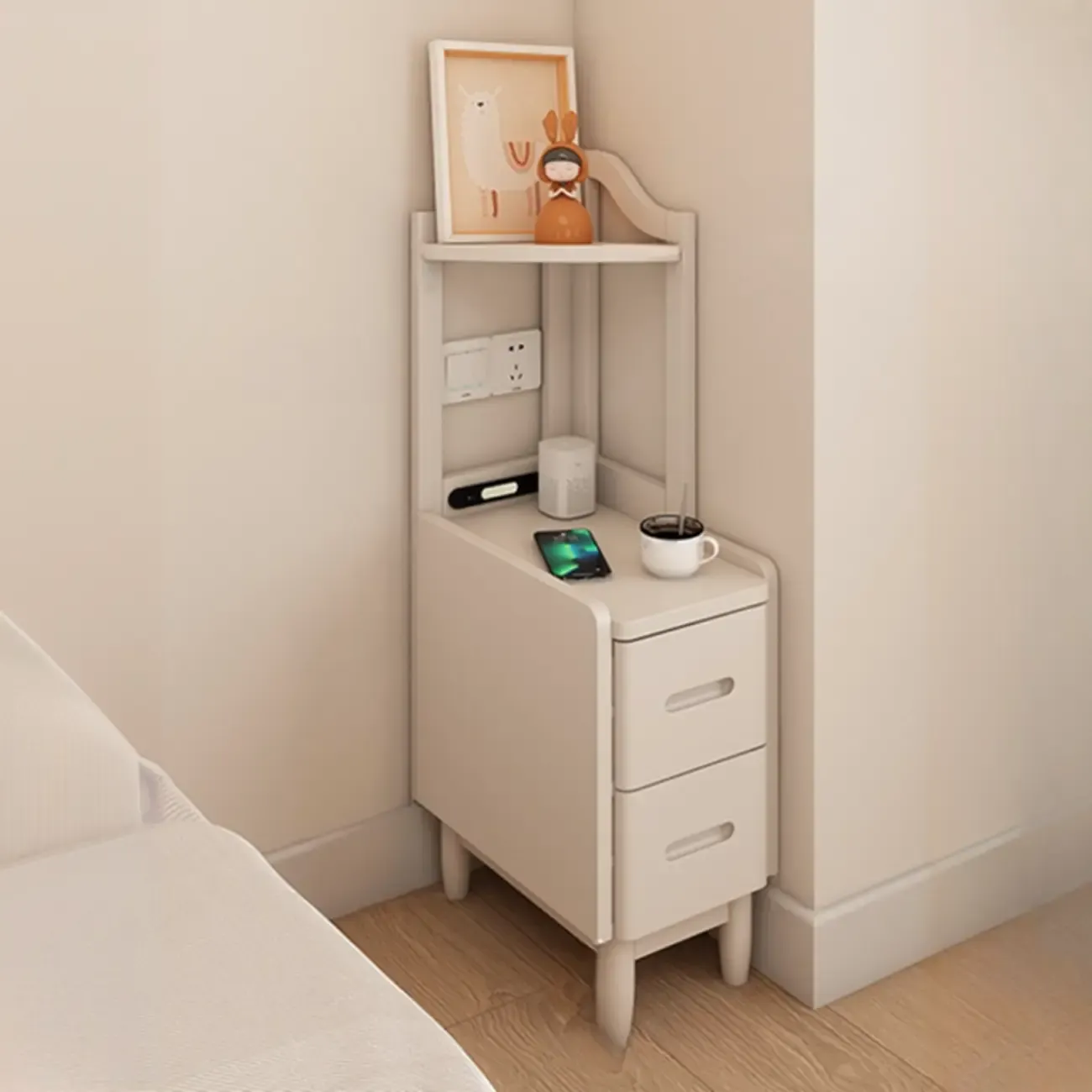 Tall Wooden Open Storage Narrow Nightstand with Drawers